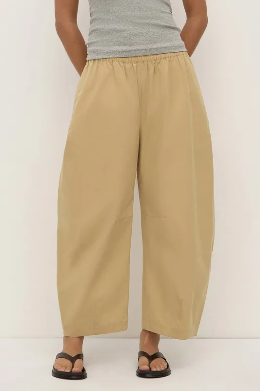 Tan Voluminous Cotton Barrel-Leg Pant
