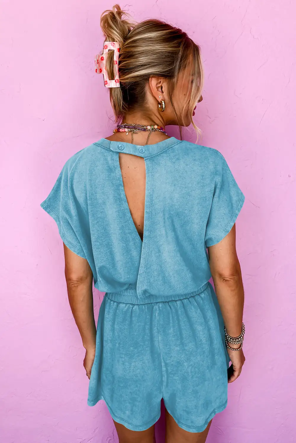 Relaxed Mineral Wash Drawstring Elastic Waistband Hollow Out Back Short Sleeve Romper