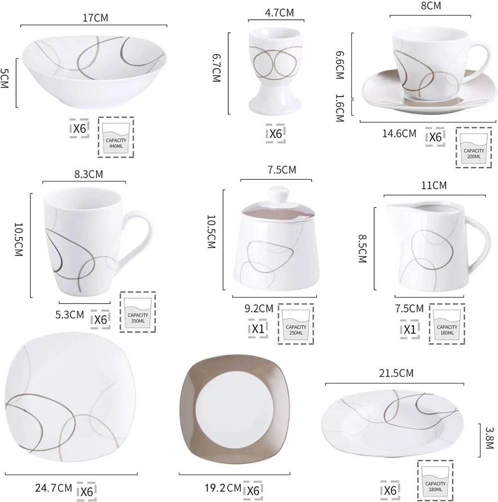 VEWEET, Series Fiona, 100-Piece Plates and Bowls Sets for 12, Including Porcelain Dishes Sets, Bowls, Mugs, Egg Cups, Cup and Saucer Set, Milk Jug and Sugar Pot Set, Microwave and Dishwasher Safe