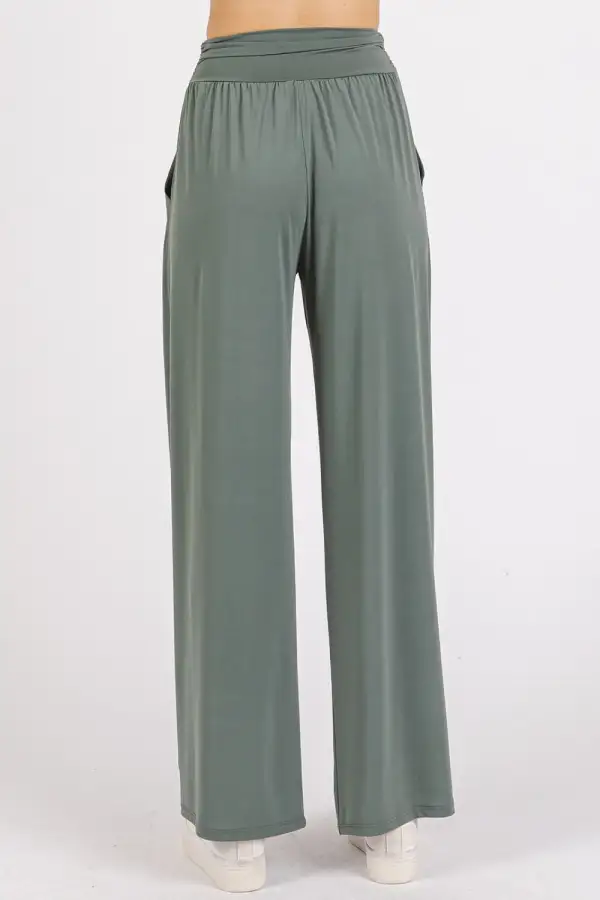 Stretch Banded Waist Wide Leg Pants With Pockets