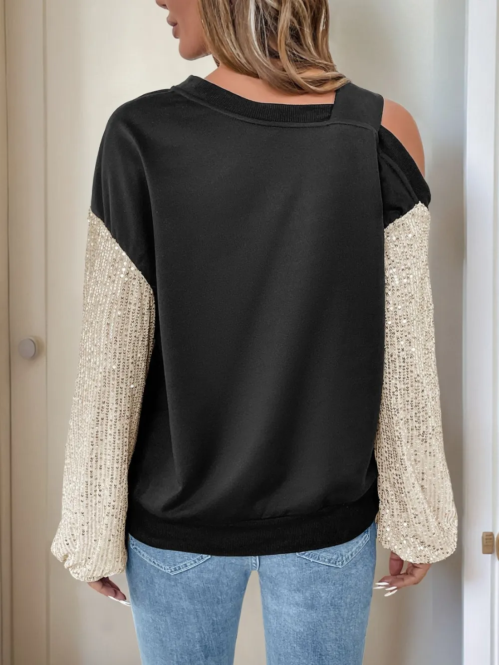 Perfee Sequin Asymmetrical Neck Long Sleeve Sweatshirt -Ships 12/17