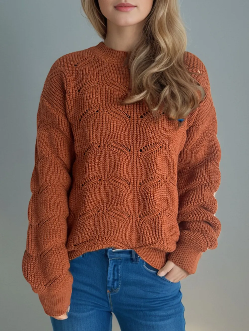 Openwork Round Neck Dropped Shoulder Sweater