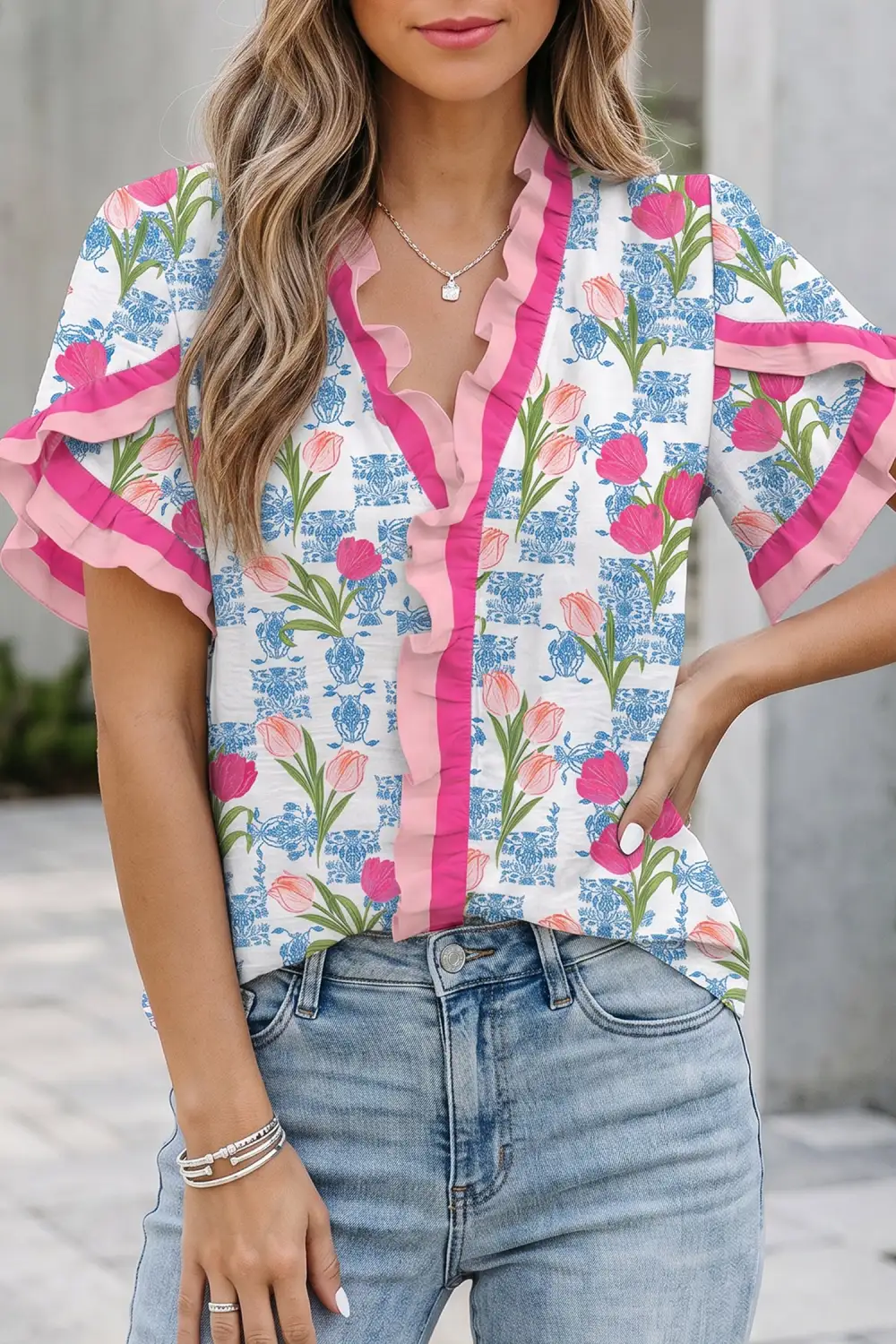 Rose Floral Print Ruffle V-Neck Short Sleeve Loose Tunic Shirt