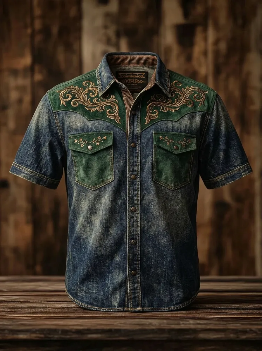 Men's Western Style Floral Embroidery Denim Printed Shirt