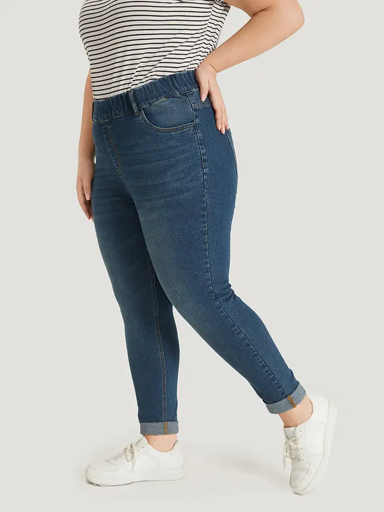 Plain Elastic Waist Medium Wash Roll Hem Jeans