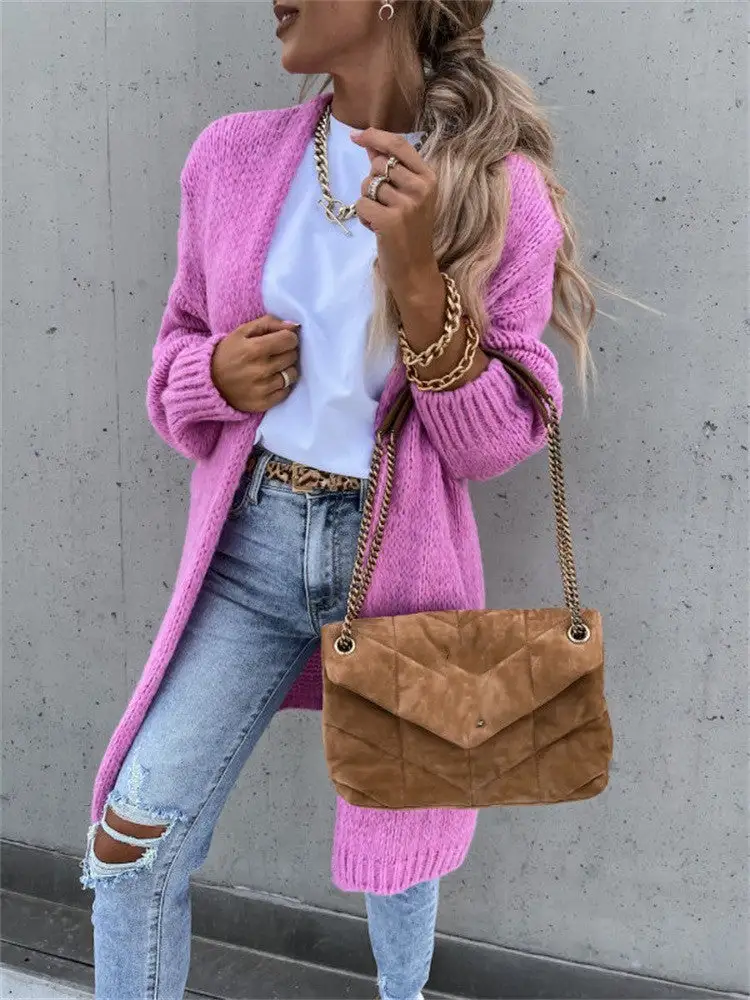 Women’s Solid Color Long Sleeve Knee-Length Knit Cardigan