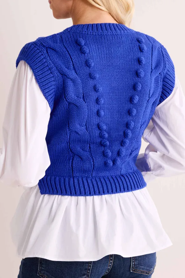 Blue Cable Knit Vest With White Top