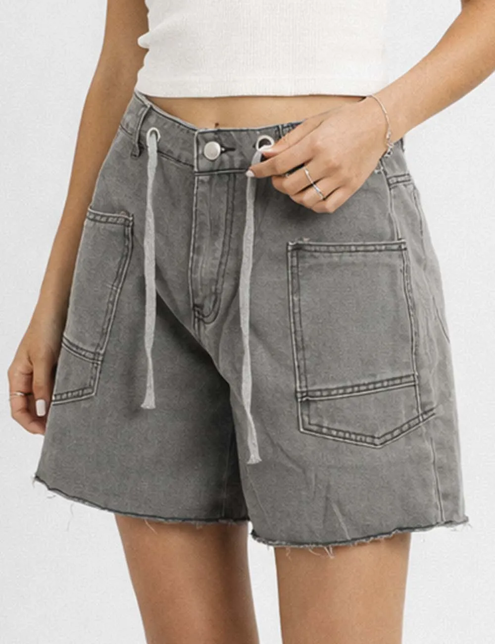 Drawstring Waist Pocket Denim Shorts