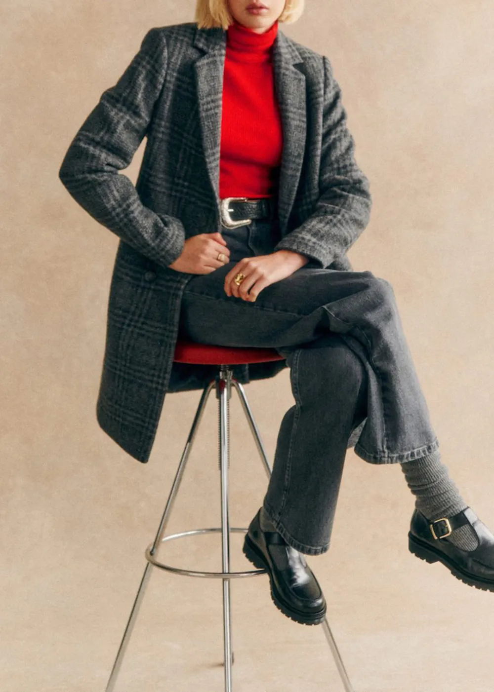 Mid-length Grey Checked Coat