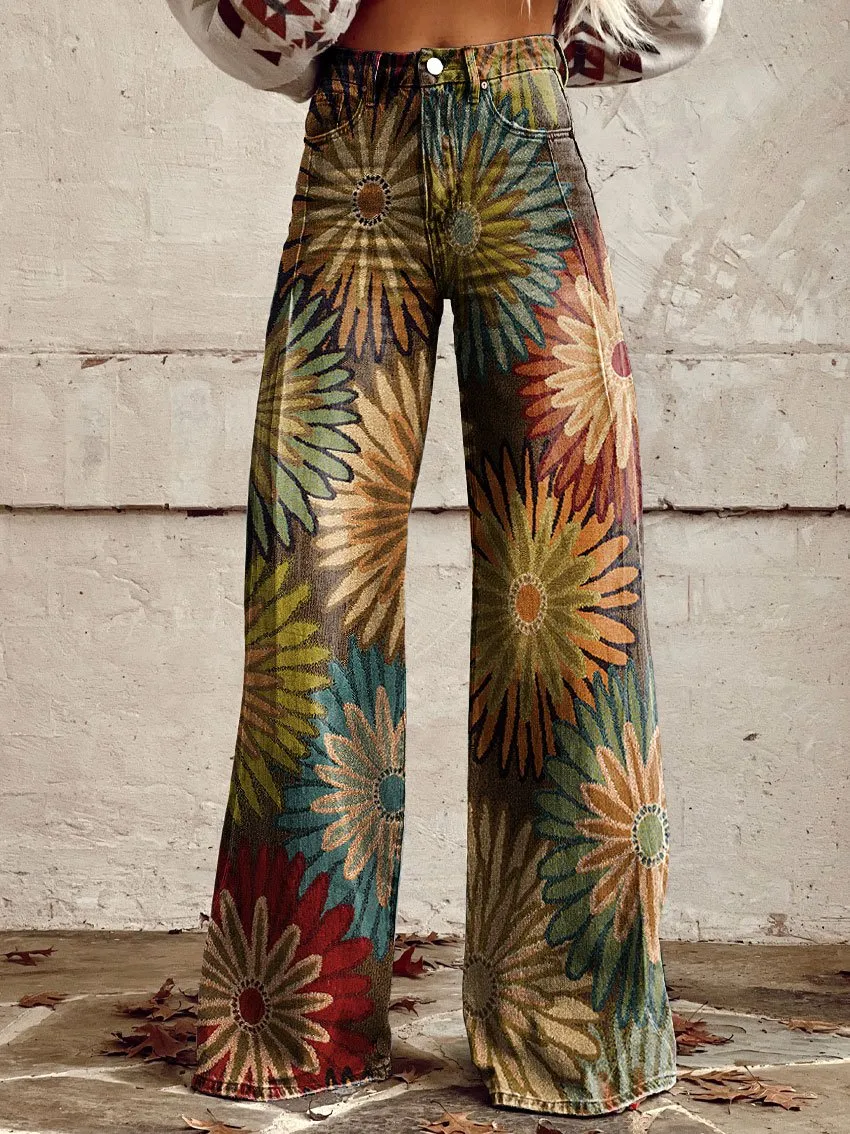 Women's Vintage Wild West Print Casual Wide Leg Pants