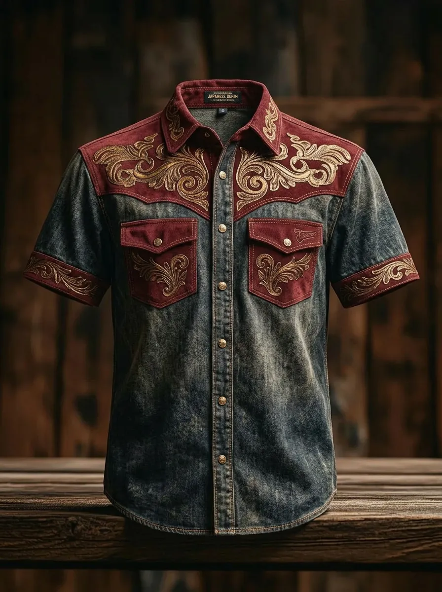 Men's Western Style Floral Embroidery Denim Printed Shirt
