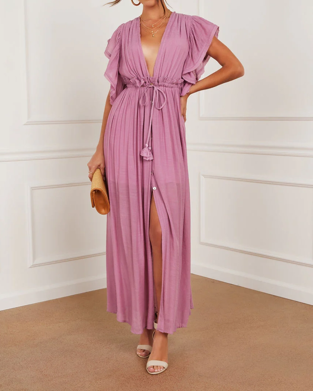 Zora Button Front Cinched Waist Maxi Dress