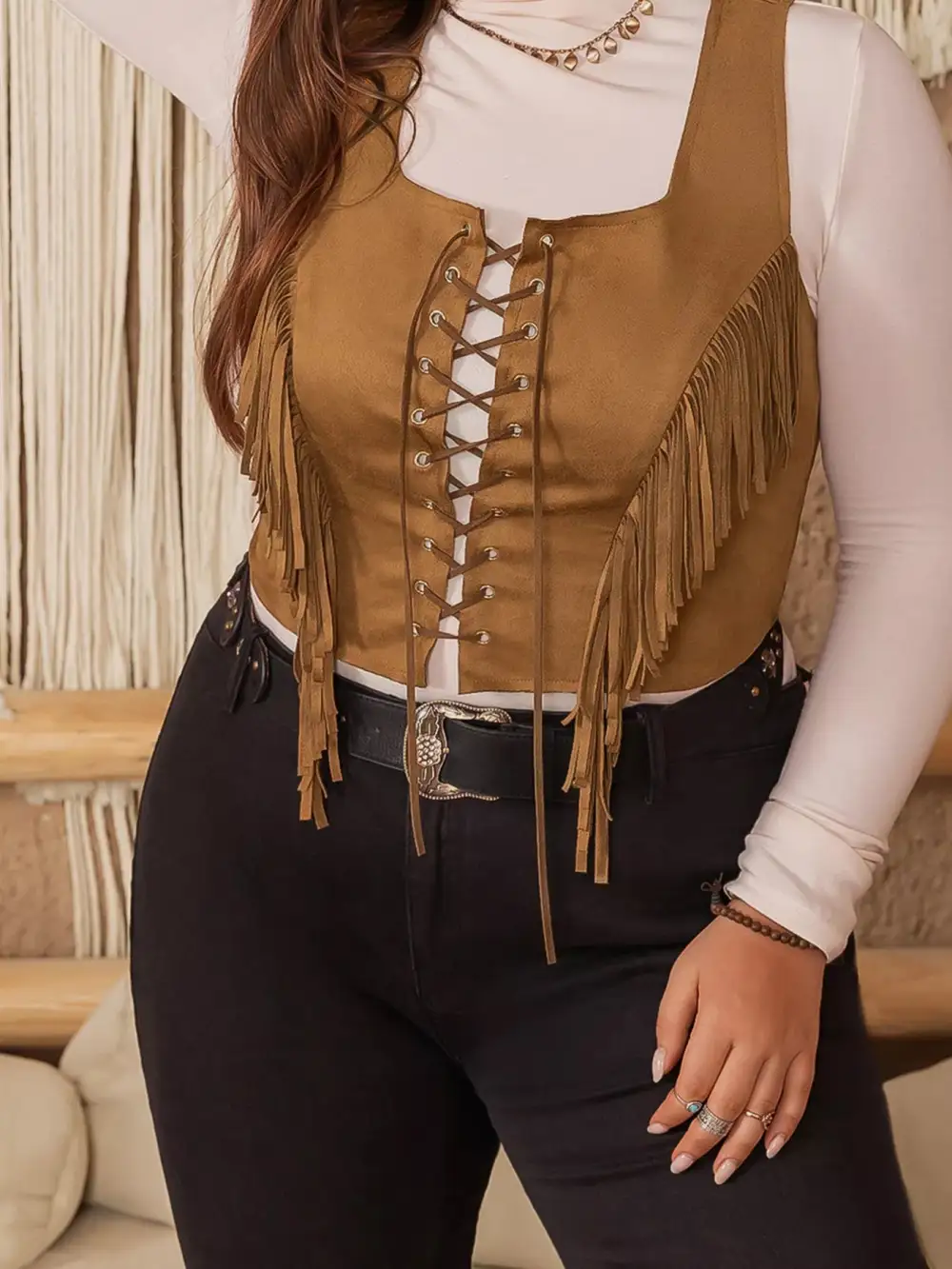 Plus Size Fringed Lace-Up Suede