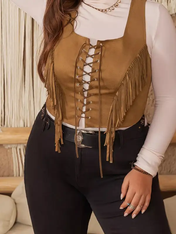 Plus Size Fringed Lace-Up Suede