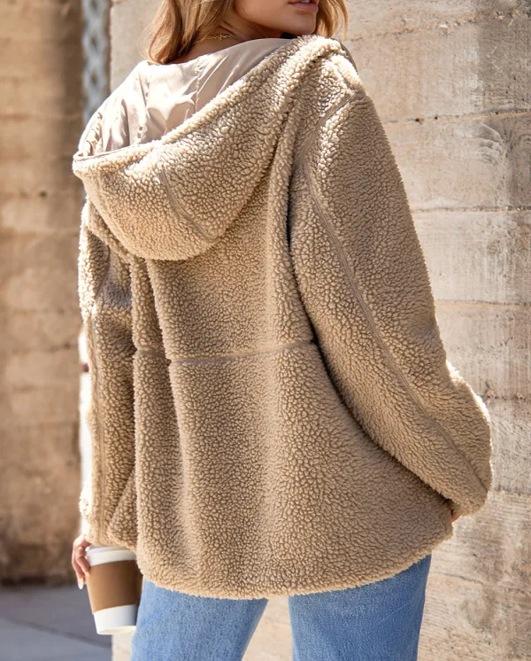 Pale Fleece Zip-Up Drawstring Hooded Pocket Jacket