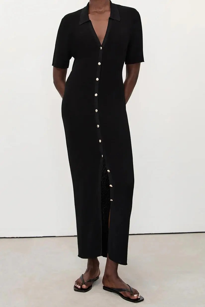 BLACK KNIT POLO MAXI DRESS