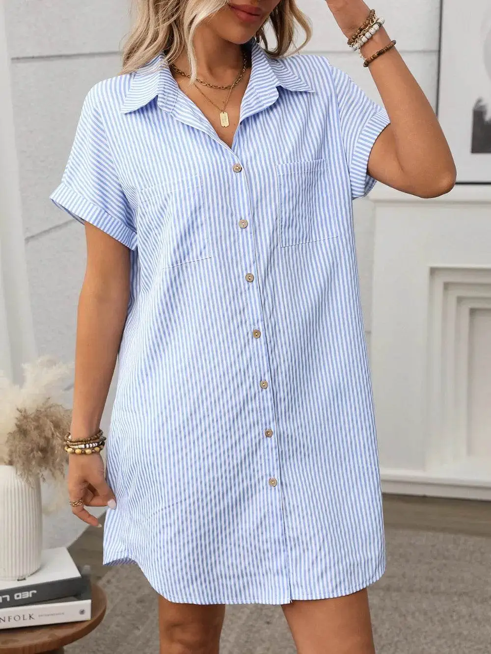Striped Button Down Short Sleeve Mini Dress