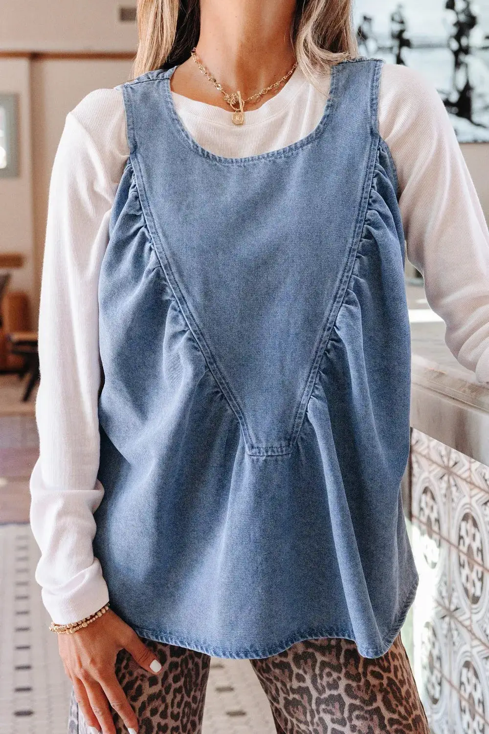 Pleated Patchwork Sleeveless Top