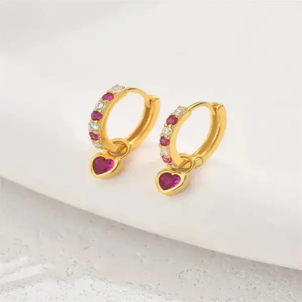 Small Drop Earrings Sweet Red Heart Shape With Cubic Zircon Shiny Gold