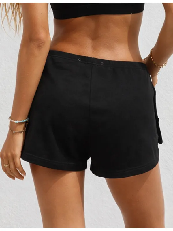 Metal Eyelet Elastic Waist Button Closure Mini Shorts