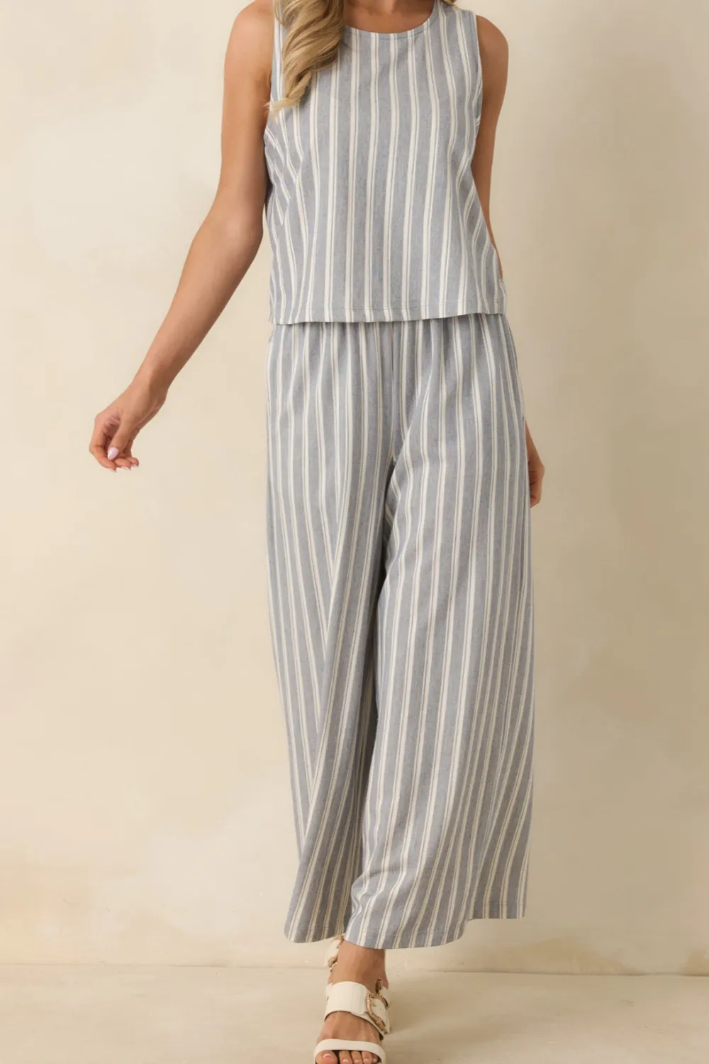 Cotton Knit Stripe Wide Leg Pants