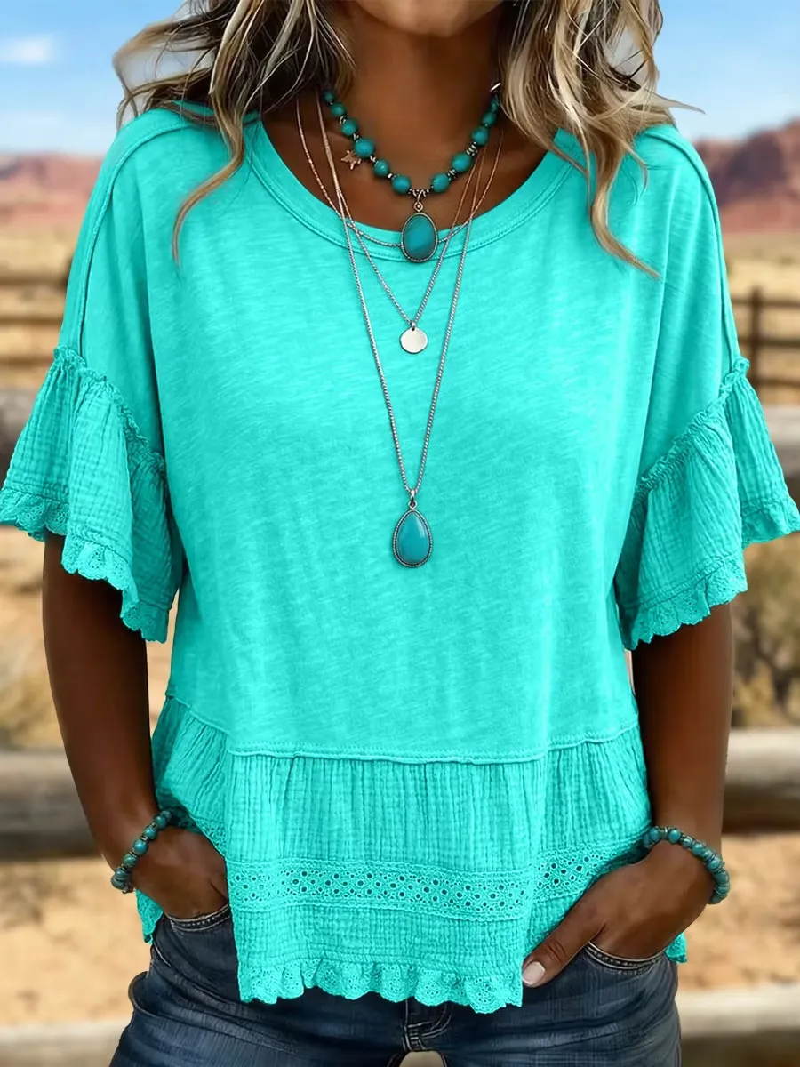 Women'S Retro Art Solid Color Splicing T-Shirt