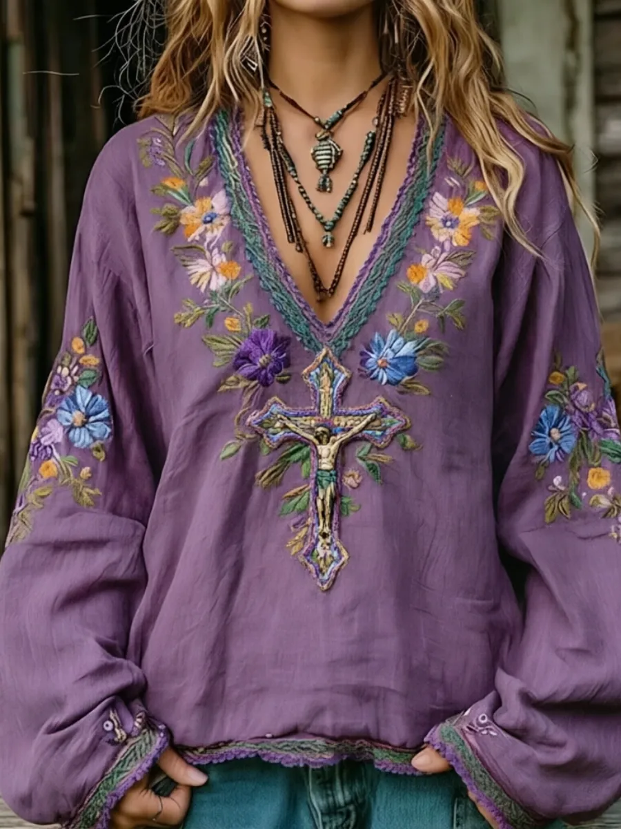 Women'S Casual Retro Western Faith Top