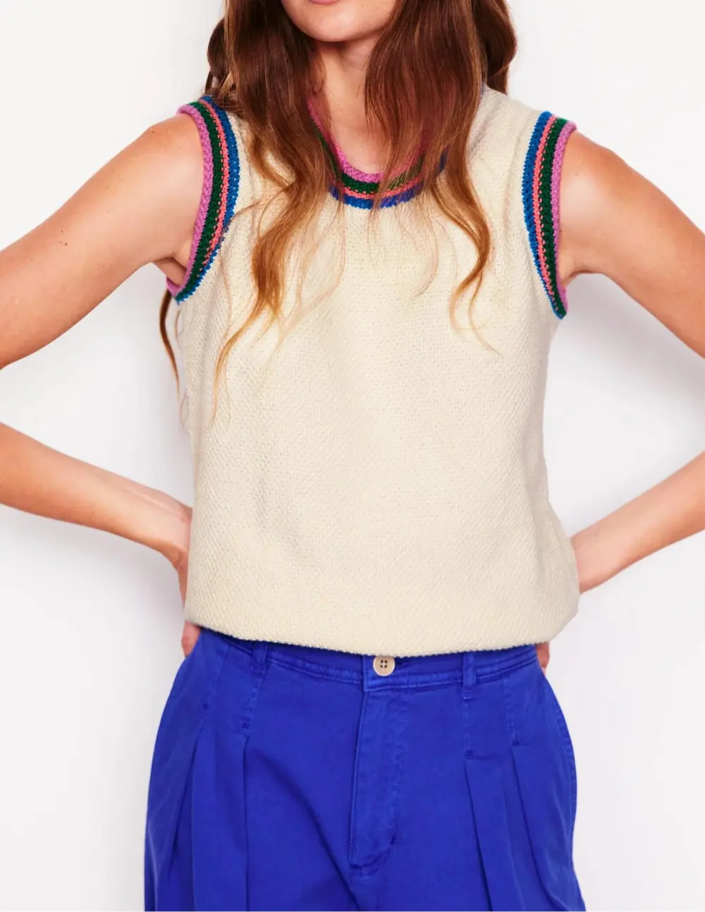 Ivory Embroidered - Trim Sleeveless Vest