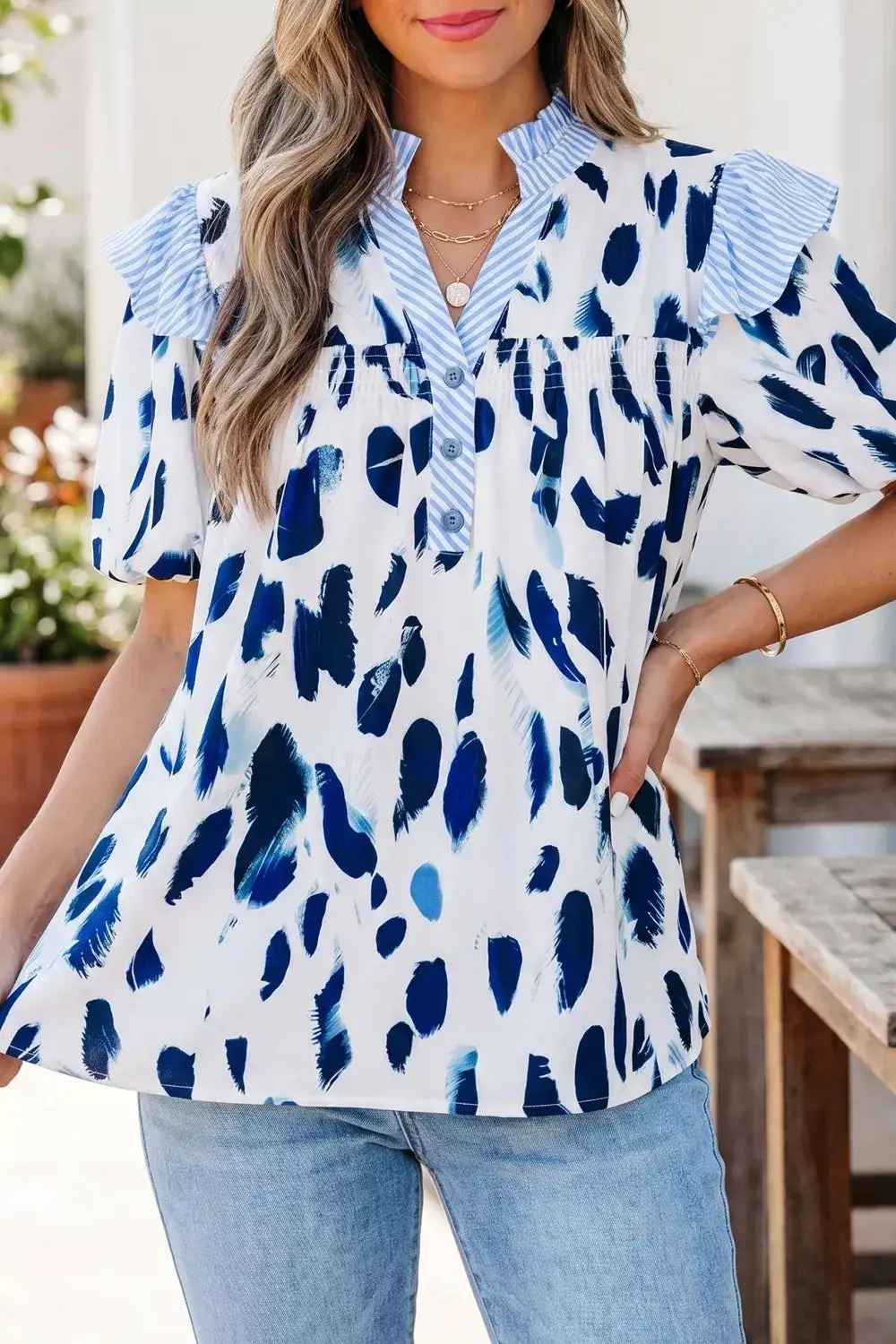 Abstract Animal Print Striped Ruffle Trim V Neck Blouse
