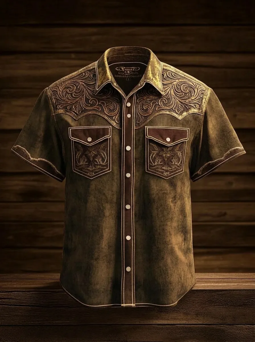 Men's Western Cowboy Floral Tooled Leather Printed Shirt