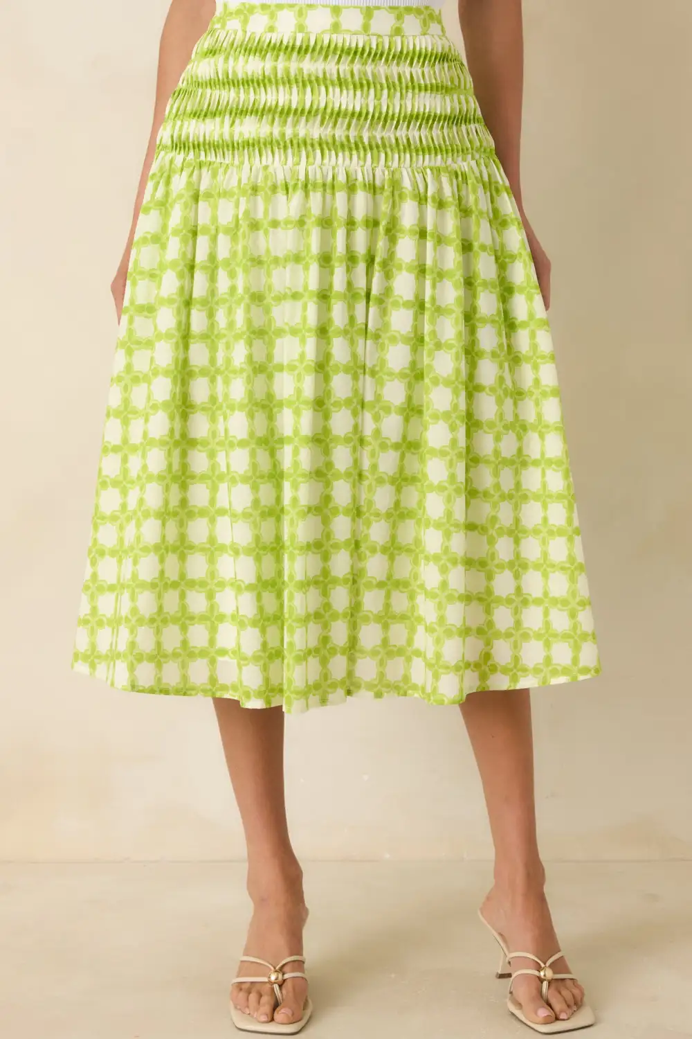 Chartreuse Printed Cotton Midi Skirt