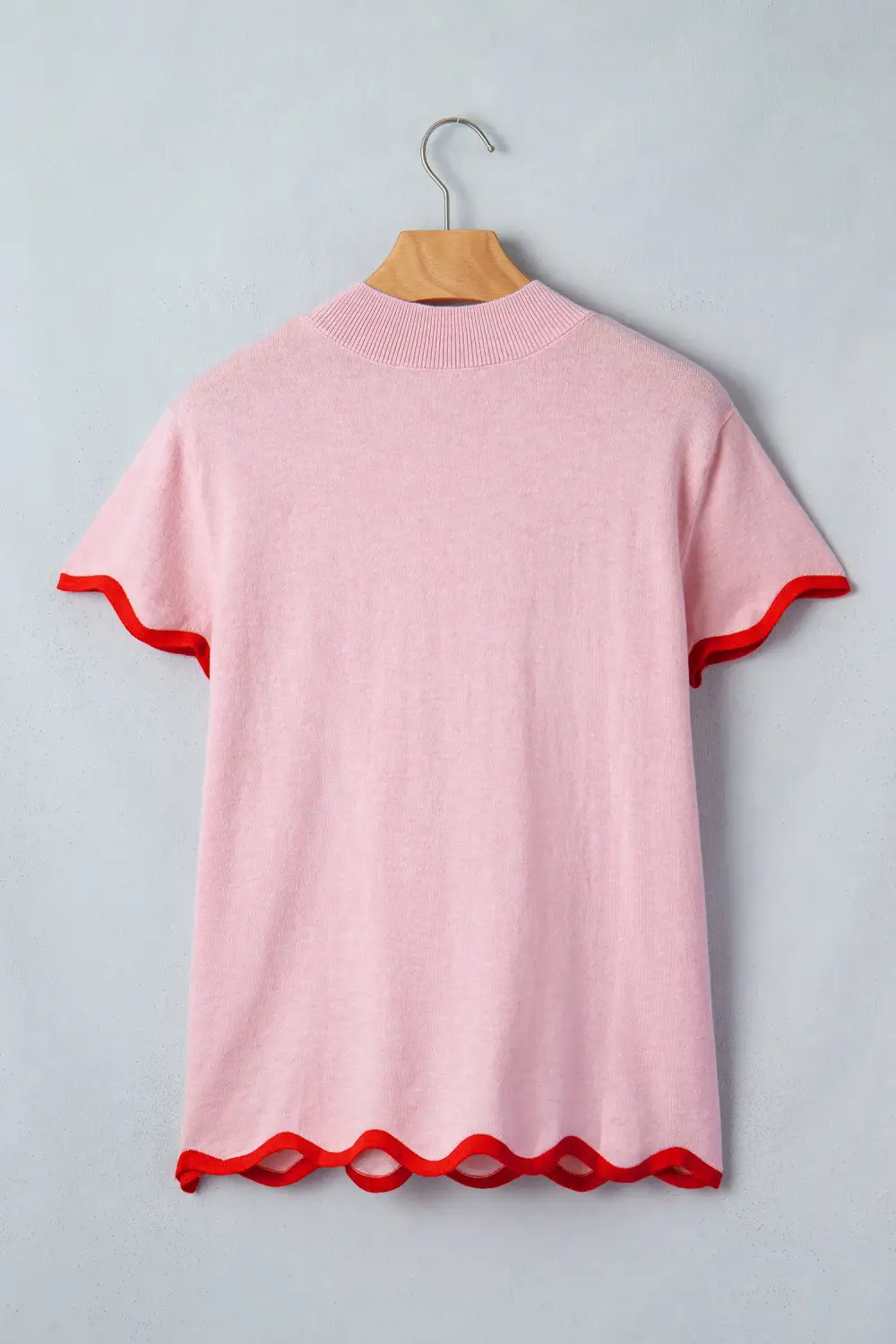 Stand Neck Contrast Wavy Trim Short Sleeve Sweater