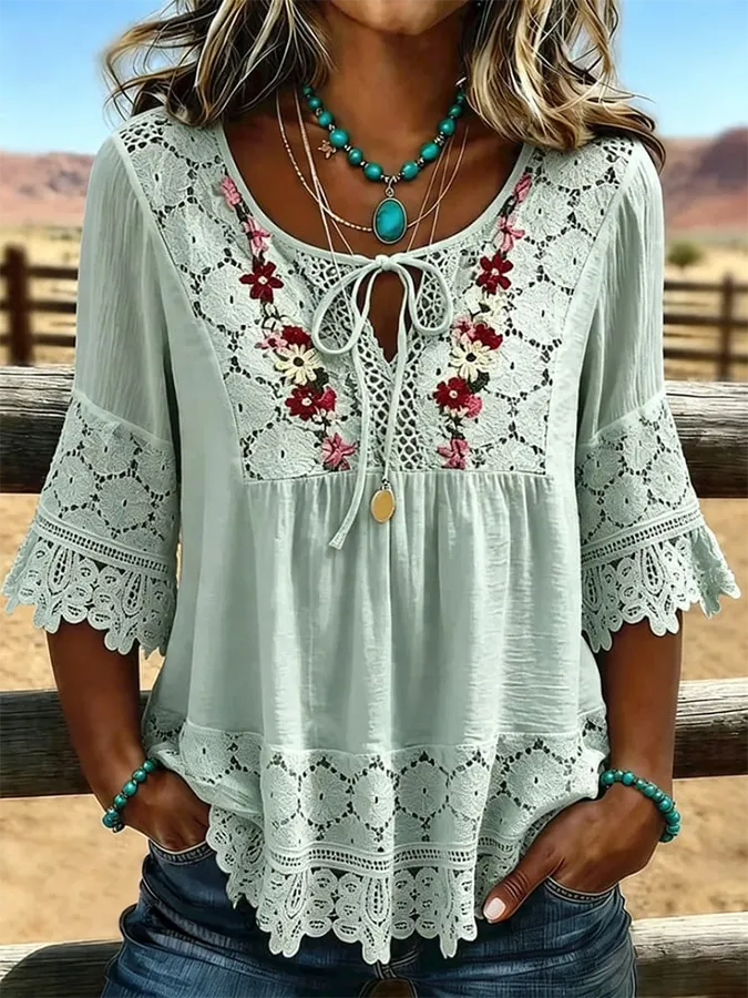 Women's Vintage Flowers Print Patchwork Lace Casual Shirt