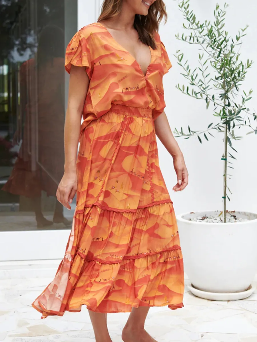 Orange V-neck cross neckline print waist dress