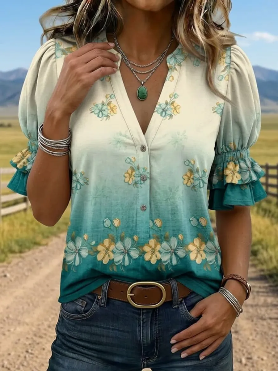 Vintage Floral Art Print V-neck Puff Sleeve Ruffle Shirt