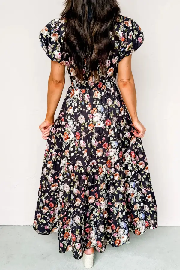 Soft Touch Floral Printed V Neck Maxi Dress