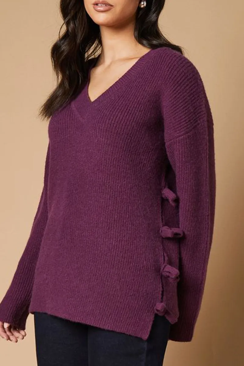 Casual Style Bow Side V Neck Sweaters