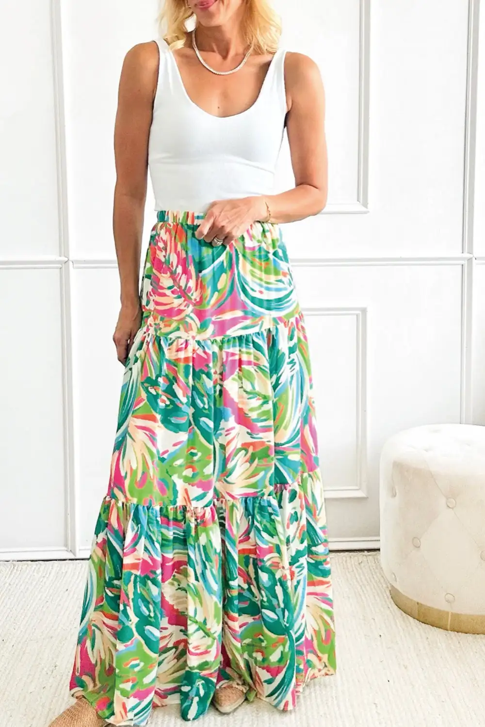 High Waist Elastic Waist Tiered Maxi Skirt