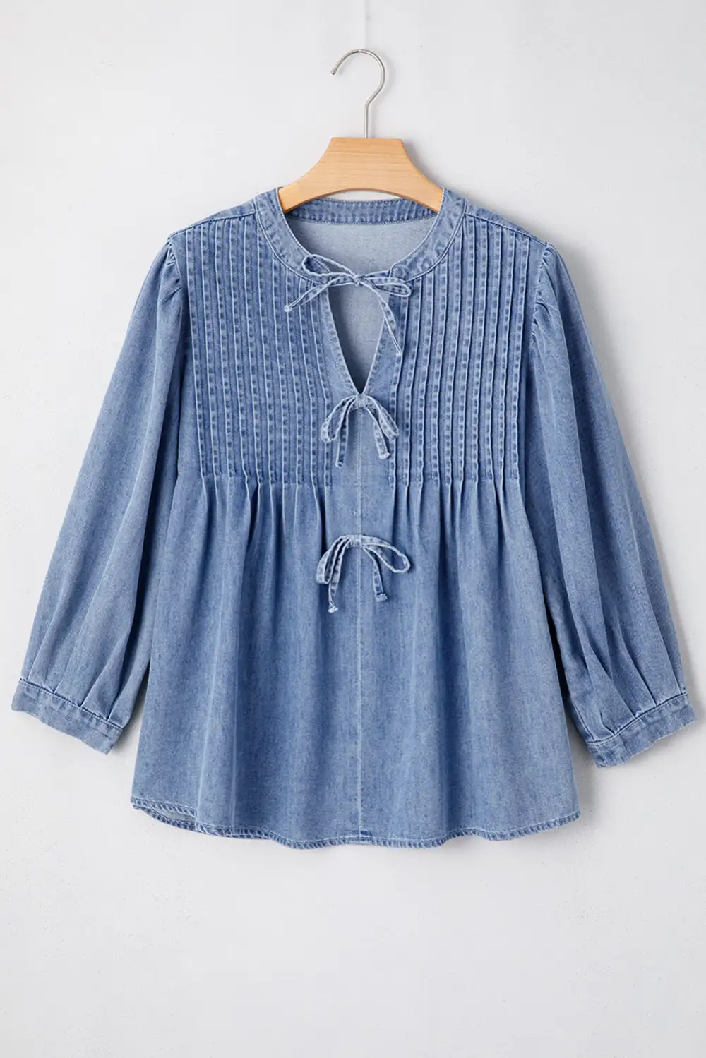 Denim Front Pintuck Bow Tie Puff Sleeve Top