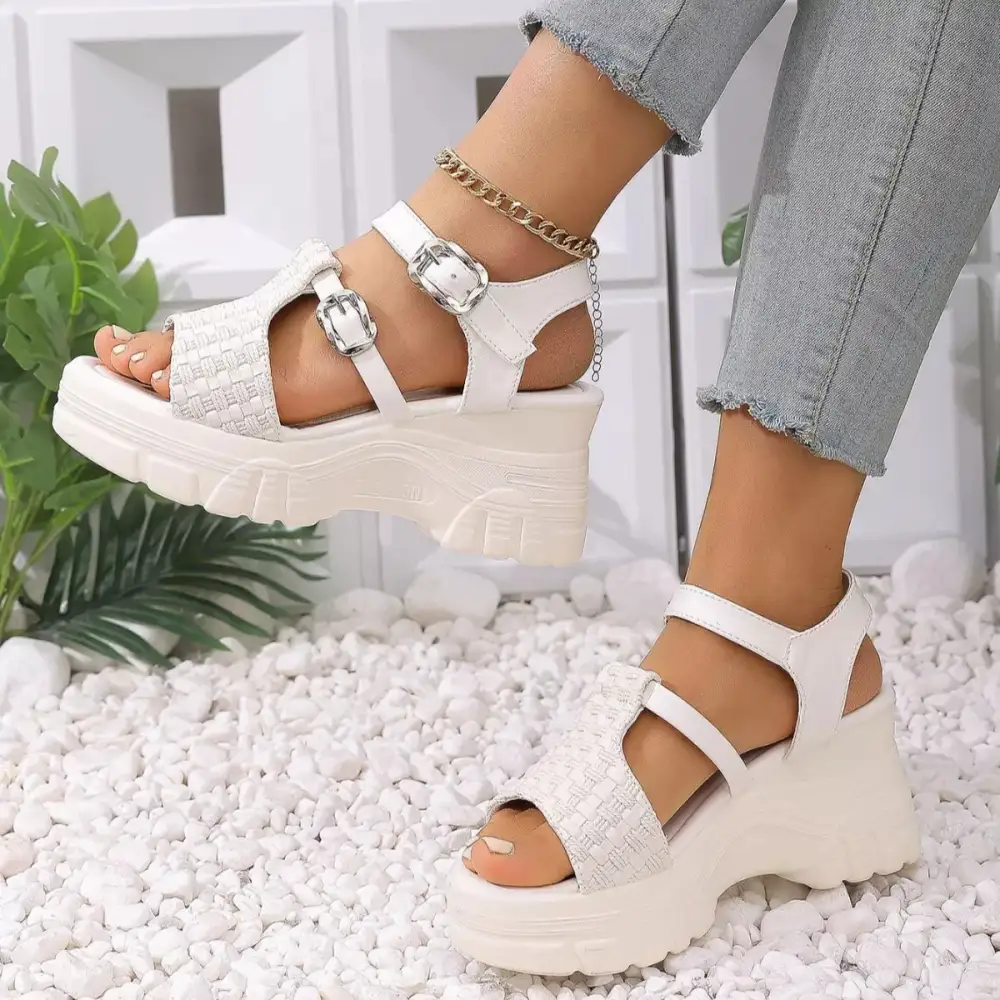 Buttoned Classic Open Toe Wedge Sandals