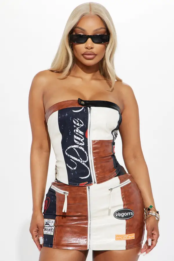 Always Over The Top Faux Leather Skirt Set - Brown Combo