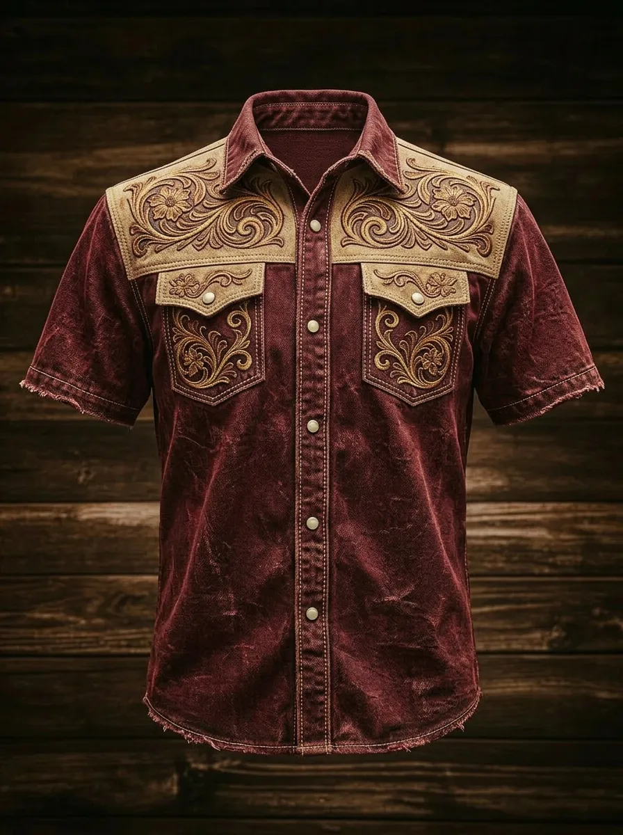 Men's Western Cowboy Floral Tooled Leather Print Shirt
