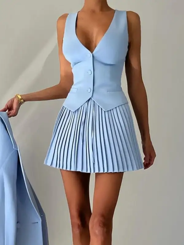 Modern Button Front Pleated Detail Coordinated Set