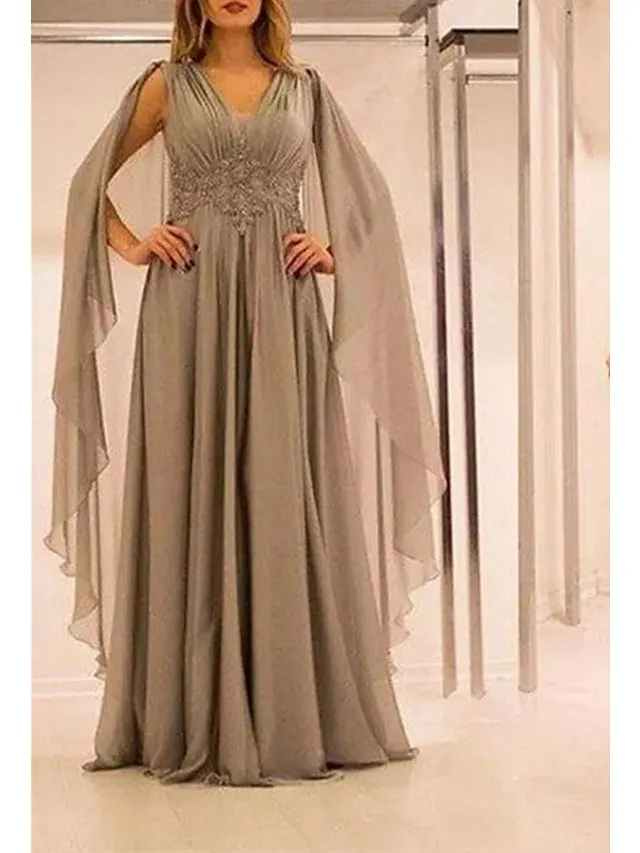 A-Line Plus Size Curve Mother of the Bride Dresses Elegant Cape Dress Dress Formal Wedding Guest Floor Length Short Sleeve V Neck Chiffon with Pleats Beading 2024