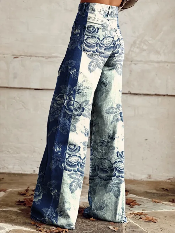 Women's Vintage Print Casual Wide Leg Pants