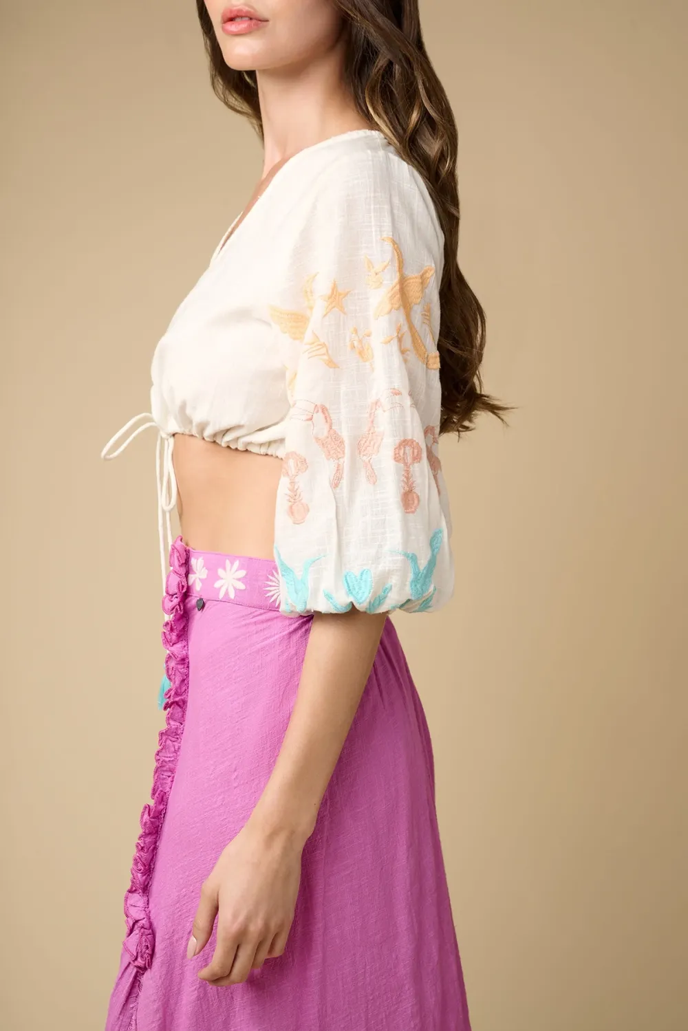 White And Pastel Colored Embroidered Crop Top