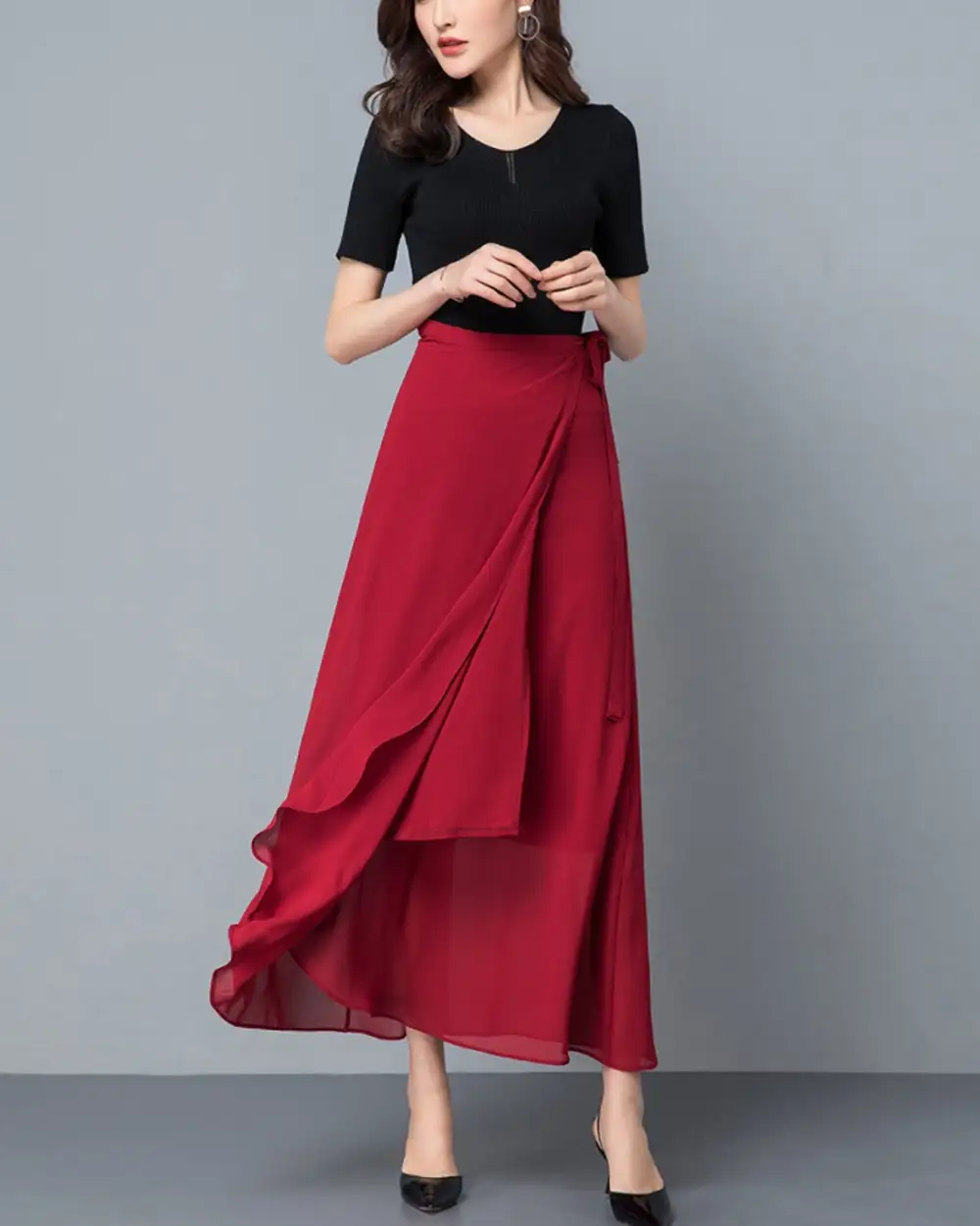 Belted Chiffon A Line Midi Skirt
