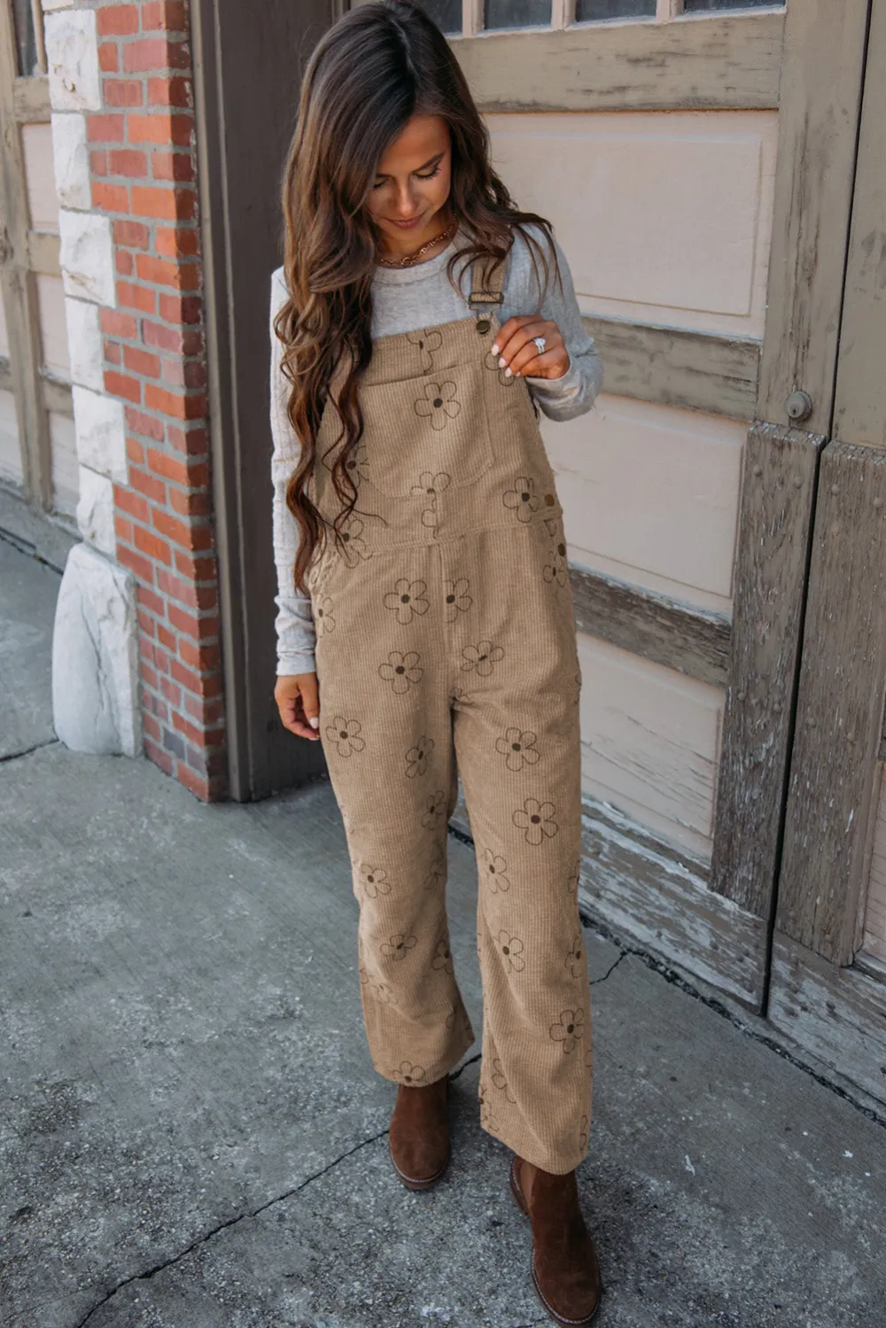 Khaki Flower Print Corduroy Overalls