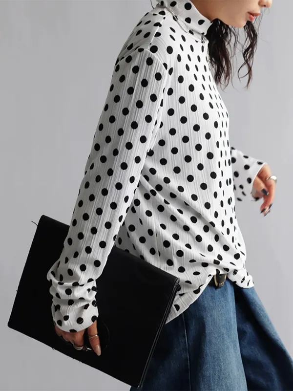 Long Sleeve Relaxed Polka Dot Draped Collar T-Shirt