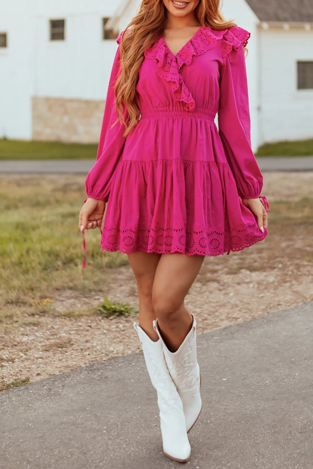 Fuchsia Long Sleeve Eyelet Detail Mini Dress